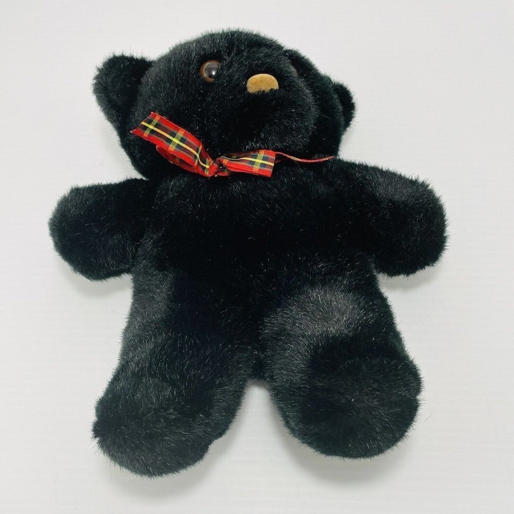 Vintage 1990 Balloon Club Black Bear Plush 12” Red Plaid Christmas Bow Ribbon